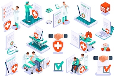 medicine insurance security care for life. hospital diagnosis design, health care document filling concept. document health diagnoses medical insurance. text and cartoon character vector illustration