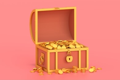3d render treasure chest with coins on pink background. isolated concept gold box with currency and security lock. low poly.  illustration.