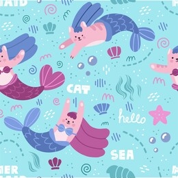 happy cartoon cats drawn as mermaids characters seamless pattern. cute colorful childish fantasy creatures vector flat illustration. starfish, shell and fish elements. scandinavian style design
