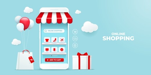 online shopping on mobile application vector concept. with store bag and gift box. blue sky background and white smartphone showcase display icon on shelves. digital marketing illustration