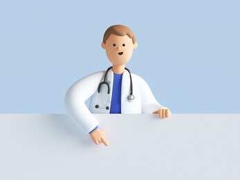 3d render, smart doctor cartoon character wearing uniform and stethoscope, pointing finger down, medical background, blank banner, mockup with copy space.