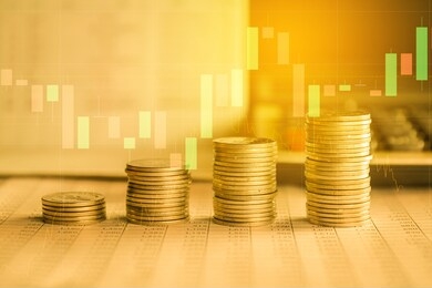 stack of money coin with forex trading graph, financial investment concept use for background