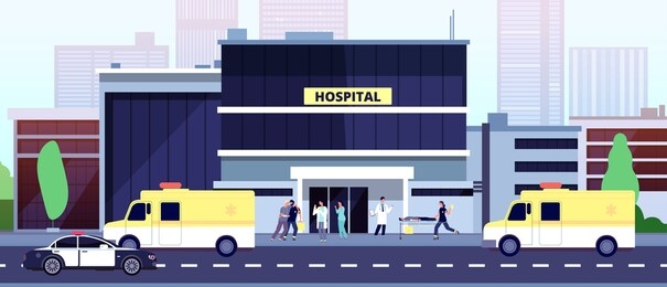 doctors at work. hospital building, paramedics and emergency cars. nurses help ill people. ambulance and police auto, medical vector illustration