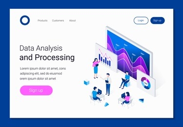 data analysis isometric concept. people interacting with charts and analyzing statistics. analysts work on laptops. landing page template. trendy flat 3d isometric style.