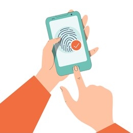 fingerprint scanning on smartphone  mobile phone finger identification  security access unlock mobile phone bio-metric system vector flat design isolated on white background