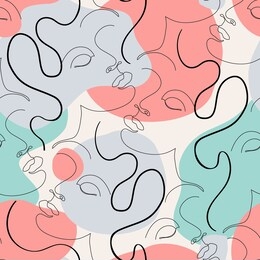 abstract woman portrait seamless pattern. female face one line drawing on minimal shapes and curved lines background. women portraits illustration for fashion design. glamour beauty line art