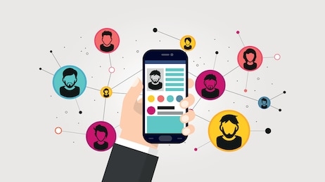 social network illustration. phone in a male hand on a background of a network of contacts. eps 10 vector for use on web pages, in advertising, applications.