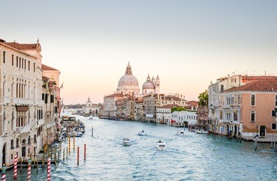 grand canal in venice - view from the acedemy bridge with basilica di santa maria della salute background