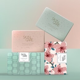 vector exfoliating or scrubbing soap wrap paper packaging with japanese sakura floral blossom or geometric pattern. pink & green.