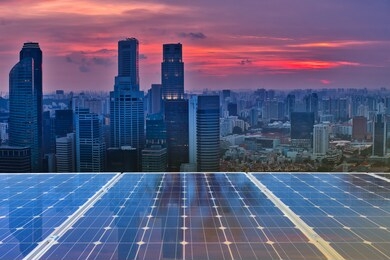 solar panel over cityscapes, solar power green energy for life concept,city scape singapore skyline.