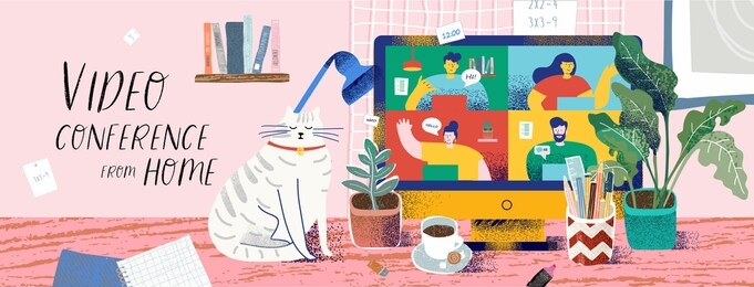video conference from home for online meetings and work. vector illustration of a cozy desktop with a computer and a monitor with people, a cat, a plant, coffee and a stationery. drawing for bunner