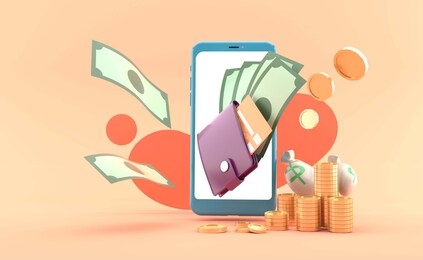 wallet out of the smartphone on the orange background.-3d rendering.

