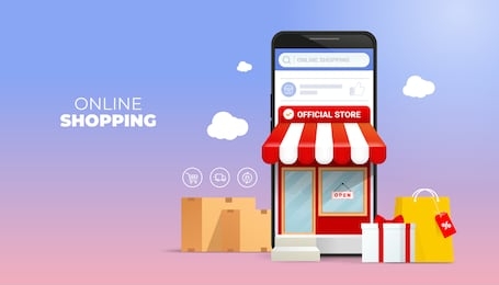 shopping online on website or mobile application vector concept marketing and digital marketing promotion. on 3d smartphone view front store with bag and gift box illustration.
