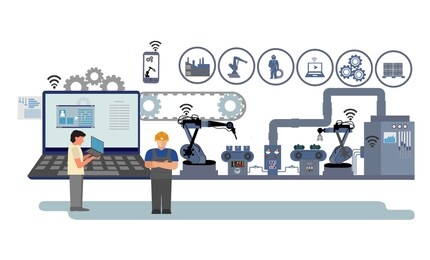 production process on the line conveyor.robotic assembly line.factory production process of design manufacture assembly vector illustration