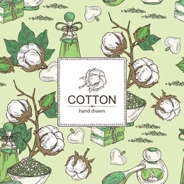 background with cotton, cotton plant, soap and bath salt . cosmetic and medical plant. vector hand drawn illustration. 