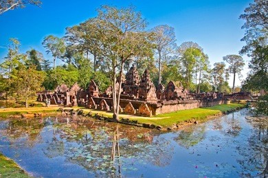 banteay srei temple, caled temple of woman, in pink sandstone. angkor wat complex, near siem reap, cambodia.