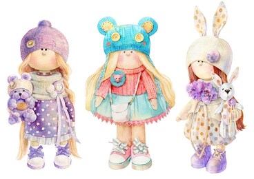 watercolor illustration of three cute handmade stuffed doll toys with small toys in their hands. nice illustration for birthday or any other card design. watercolour dolls with their friends.