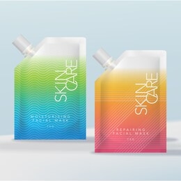 vector sachet bag or pouch with ribbed screw cap for healthcare, beauty, skincare product or energy beverage. vibrant gradient geometric  pattern printed.