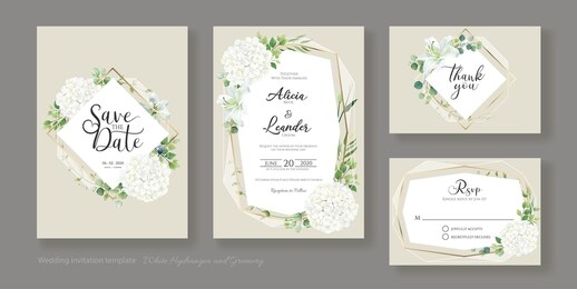 wedding invitation, save the date, thank you, rsvp card design template. vector. white hydrangea flowers with greenery.