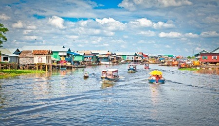 the floating village on the water (komprongpok) of tonle sap lake. cambodia.