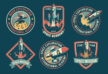 space vintage badges, emblems and labels set. rocket retro logos pack. vector illustartion.