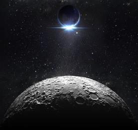 moon surface with view sunrise of the earth 