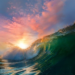 beautiful ocean surfing shorebreak wave at sunset time