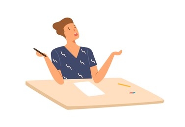 stressed student boy writing exam test don't know answers vector flat illustration. male pupil sitting on desk with empty paper isolated on white. person failed examination at college or school