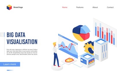 isometric big data analysis vector illustration. website interface 3d design with cartoon financial analyst character working on research finance statistics, analyzing business graphs and data charts