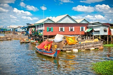 the floating village, caled komprongpok, on the water of tonle sap lake. cambodia.