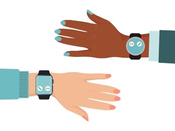 hand different nations wear smartwatch, black and white color skin arm isolated on white, flat vector illustration. online modern technology chat communication, phone call data exchange.
