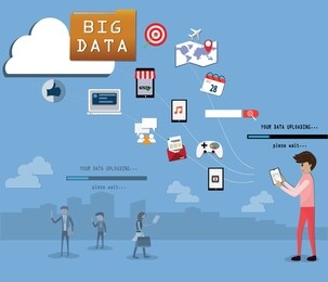 flat design of big data, the marketers collect customers data from like and share content on social media application - vector illustration

