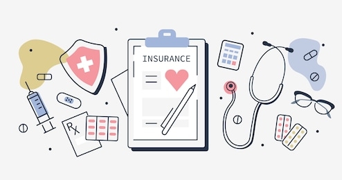 health insurance concept banner. doctors workplace with health insurance policy contract,  stethoscope, pills, capsules and other medical things.  flat line cartoon vector illustration.