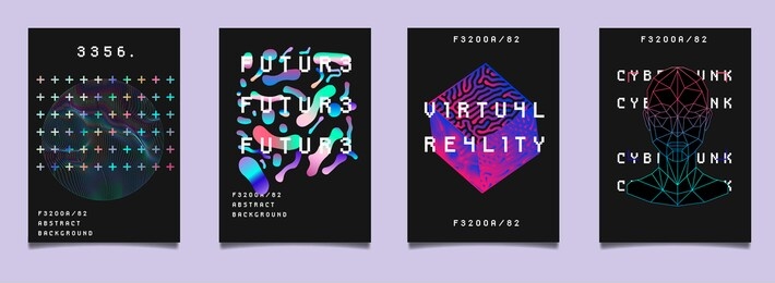 set of vaporwave and synthwave style posters geometric composition in neon vibrant colors. collection of futuristic cyberpunk covers for night club event, hackathon or science festival.