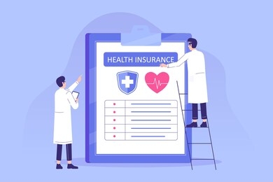 health care and insurance service  concept. young doctors or hospital staff preparing health insurance document. filling medical document form. health security and medical service. vector illustration