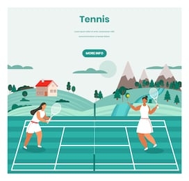tennis tournament, training, vector web banner template. two girls playing tennis game on court, retro flat style design illustration. racket sport concept.