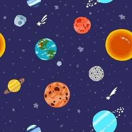 space pattern with planets and stars. solar system planets repeated tile. cute design for kids fabric and wrapping paper. bright childish tile. hand drawn funny space pattern.