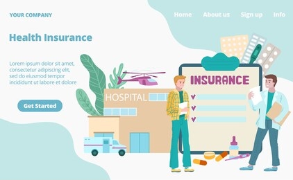 health insurance medical landing page cartoon vector illustration. medical insurant, insurer doctor with pills, medicine, hospital service and documents for medic protection web page.