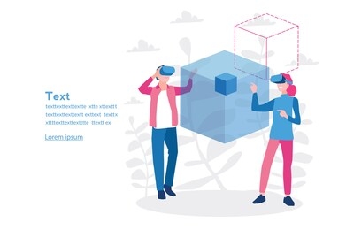 man and woman wearing virtual reality headset and looking at abstract vr world. vector illustration for web banner, infographics, mobile . virtual augmented reality glasses.