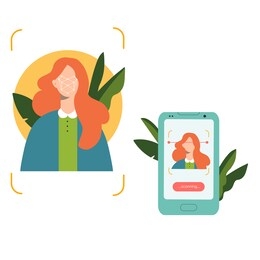 face recognition technology concept of bio-metric scanning woman's face id scanning scan face verification on screen vector illustration