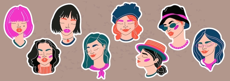 trendy young female faces stickers. teenage girls hand-drawn vector collection. trendy colour digital drawings. isolated elements on a light brown background. cute feminine faces for web and print.