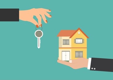 real estate business and banking concept,finance, vector illustration eps10 of businessman holding model house and businesswoman holding a keys on green background