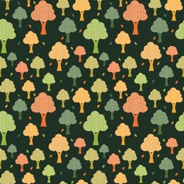 colorful trees with leaves seamless pattern on dark background. green plant in jungle endless fabric for wallpaper, wrapping and textile. botanical repeat texture.