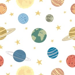 vector seamless pattern of the planets of the solar system in flat style. cartoon childish the solar system. cute, adorable the sun, earth, mercury, venus, saturn, neptune, mars, jupiter, uranus