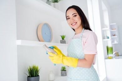 portrait of her she nice attractive cheerful cheery girl making doing fast professional domestic work wiping things everyday responsibility in modern light white interior kitchen