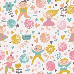funny childish seamless pattern in stylish modern colors. kids are playing in hearts and flowers in vector