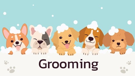 the banner group of cute dog and friend with bubble in flat vector style. illustation of pet grooming for content, label, banner,graphic and greeting card.