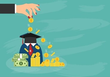 vector illustration eps10 of woman hand putting gold coin money into graduation hat on the money bag with gold coin money and bank notes on green background, saving money for education concept