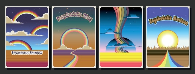 1960s, 1970s style poster templates, rainbows, clouds, landscapes, perspective view