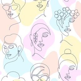 seamless pattern with woman faces  and abstract shapes on white  background